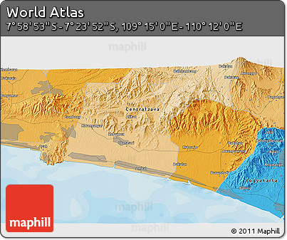 Political 3D Map of the Area around 7° 41' 23" S, 109° 43' 29" E