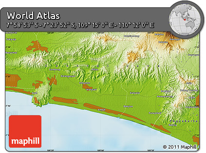 Physical Map of the Area around 7° 41' 23" S, 109° 43' 29" E