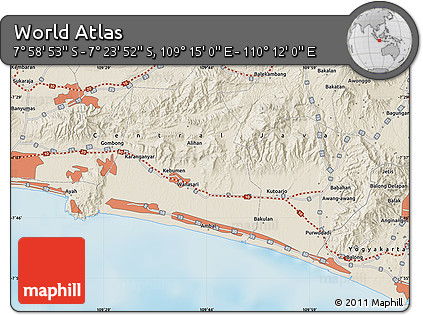 Shaded Relief Map of the Area around 7° 41' 23" S, 109° 43' 29" E