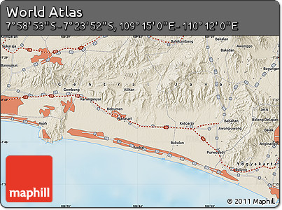 Shaded Relief Map of the Area around 7° 41' 23" S, 109° 43' 29" E