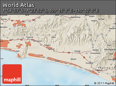 Shaded Relief Map of the Area around 7° 41' 23" S, 109° 43' 29" E