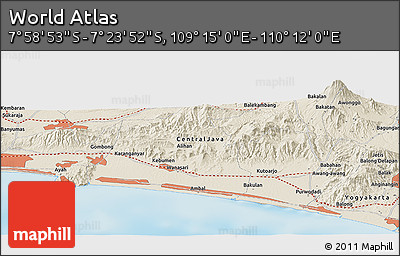 Shaded Relief Panoramic Map of the Area around 7° 41' 23" S, 109° 43' 29" E