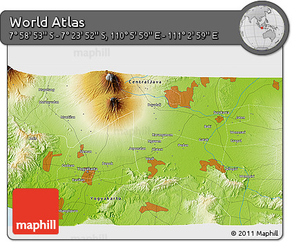 Physical 3D Map of the Area around 7° 41' 23" S, 110° 34' 29" E