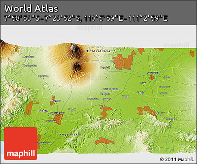 Physical 3D Map of the Area around 7° 41' 23" S, 110° 34' 29" E