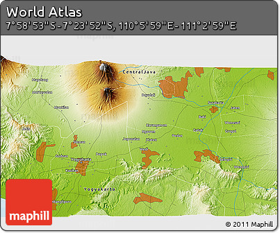 Physical 3D Map of the Area around 7° 41' 23" S, 110° 34' 29" E