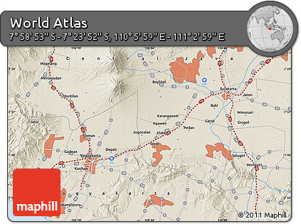 Shaded Relief Map of the Area around 7° 41' 23" S, 110° 34' 29" E