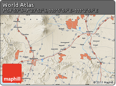 Shaded Relief Map of the Area around 7° 41' 23" S, 110° 34' 29" E