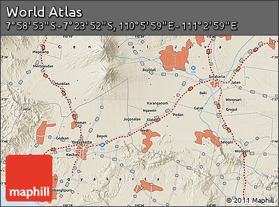 Shaded Relief Map of the Area around 7° 41' 23" S, 110° 34' 29" E