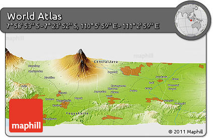 Physical Panoramic Map of the Area around 7° 41' 23" S, 110° 34' 29" E