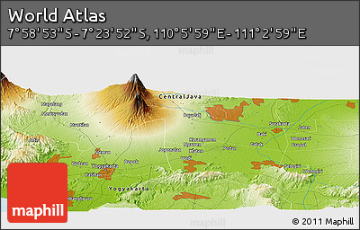 Physical Panoramic Map of the Area around 7° 41' 23" S, 110° 34' 29" E