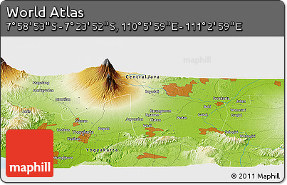 Physical Panoramic Map of the Area around 7° 41' 23" S, 110° 34' 29" E