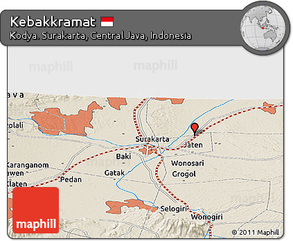 Shaded Relief Panoramic Map of Kebakkramat