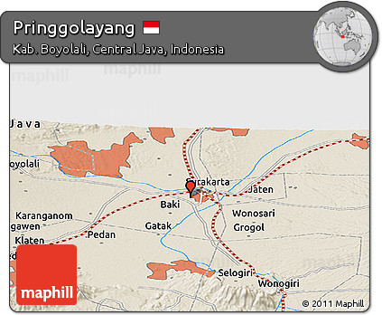 Shaded Relief Panoramic Map of Pringgolayang