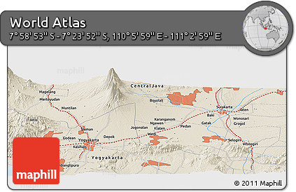 Shaded Relief Panoramic Map of the Area around 7° 41' 23" S, 110° 34' 29" E