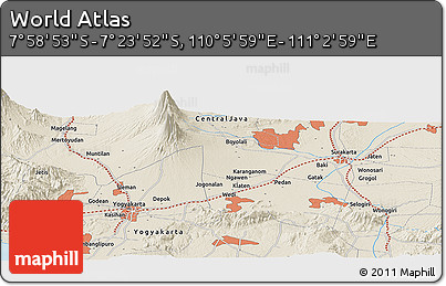 Shaded Relief Panoramic Map of the Area around 7° 41' 23" S, 110° 34' 29" E