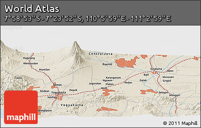 Shaded Relief Panoramic Map of the Area around 7° 41' 23" S, 110° 34' 29" E