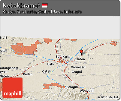 Shaded Relief Panoramic Map of Kebakkramat