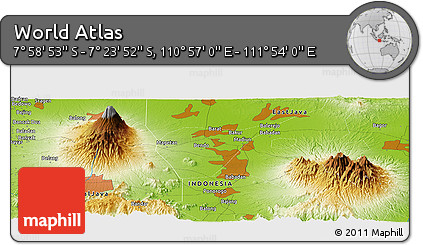 Physical Panoramic Map of the Area around 7° 41' 23" S, 111° 25' 30" E