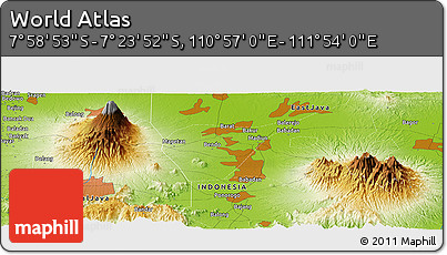 Physical Panoramic Map of the Area around 7° 41' 23" S, 111° 25' 30" E