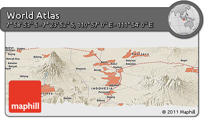 Shaded Relief Panoramic Map of the Area around 7° 41' 23" S, 111° 25' 30" E