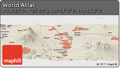 Shaded Relief Panoramic Map of the Area around 7° 41' 23" S, 111° 25' 30" E
