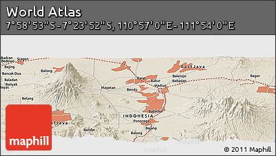 Shaded Relief Panoramic Map of the Area around 7° 41' 23" S, 111° 25' 30" E