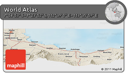 Shaded Relief Panoramic Map of the Area around 7° 41' 23" S, 113° 7' 30" E