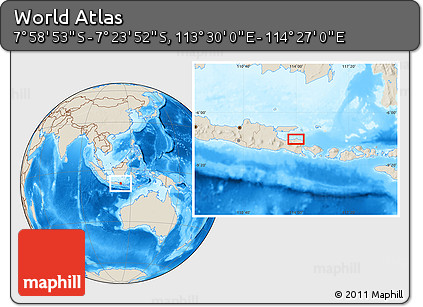 Shaded Relief Location Map of the Area around 7° 41' 23" S, 113° 58' 29" E