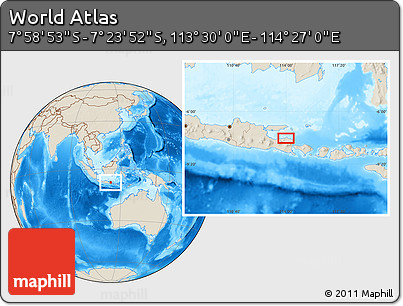 Shaded Relief Location Map of the Area around 7° 41' 23" S, 113° 58' 29" E