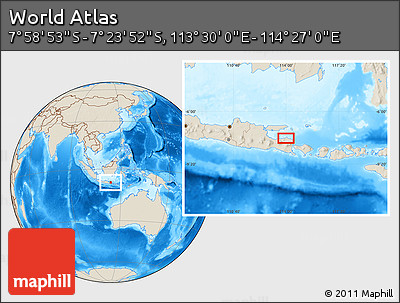 Shaded Relief Location Map of the Area around 7° 41' 23" S, 113° 58' 29" E