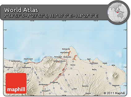 Shaded Relief Map of the Area around 7° 41' 23" S, 113° 58' 29" E
