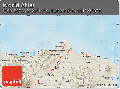 Shaded Relief Map of the Area around 7° 41' 23" S, 113° 58' 29" E