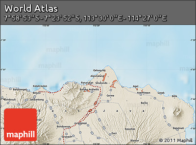 Shaded Relief Map of the Area around 7° 41' 23" S, 113° 58' 29" E