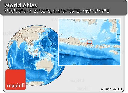 Shaded Relief Location Map of the Area around 7° 41' 23" S, 114° 49' 29" E