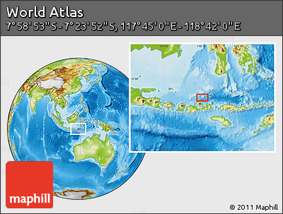 Physical Location Map of the Area around 7° 41' 23" S, 118° 13' 29" E