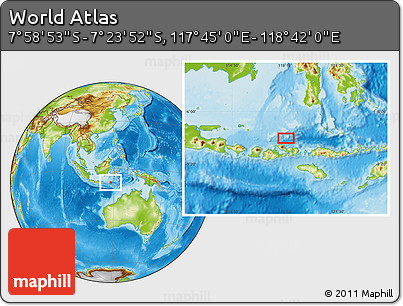 Physical Location Map of the Area around 7° 41' 23" S, 118° 13' 29" E