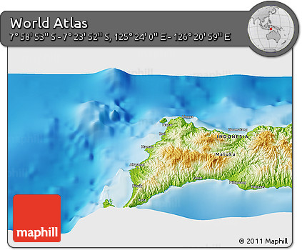 Physical 3D Map of the Area around 7° 41' 23" S, 125° 52' 30" E