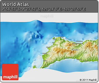 Physical 3D Map of the Area around 7° 41' 23" S, 125° 52' 30" E