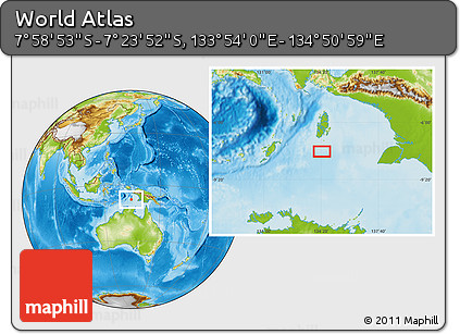 Physical Location Map of the Area around 7° 41' 23" S, 134° 22' 30" E