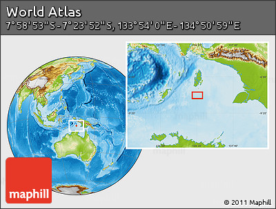 Physical Location Map of the Area around 7° 41' 23" S, 134° 22' 30" E