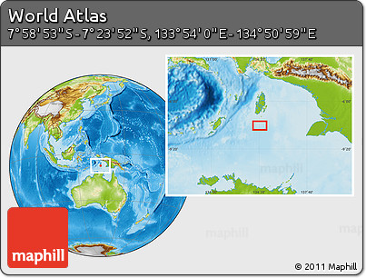 Physical Location Map of the Area around 7° 41' 23" S, 134° 22' 30" E