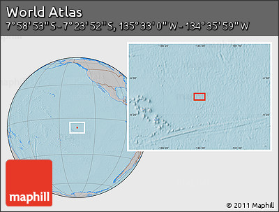 Gray Location Map of the Area around 7° 41' 23" S, 135° 4' 29" W, hill shading