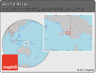 Gray Location Map of the Area around 7° 41' 23" S, 140° 19' 29" E