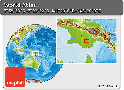 Physical Location Map of the Area around 7° 41' 23" S, 142° 1' 30" E