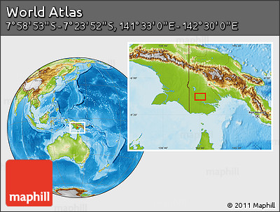 Physical Location Map of the Area around 7° 41' 23" S, 142° 1' 30" E