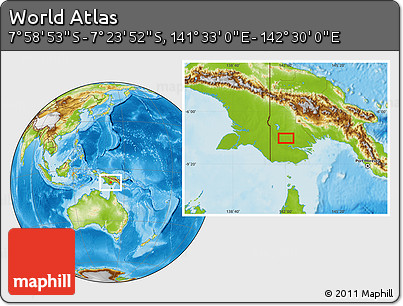 Physical Location Map of the Area around 7° 41' 23" S, 142° 1' 30" E
