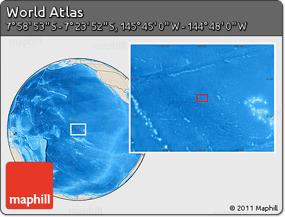 Shaded Relief Location Map of the Area around 7° 41' 23" S, 145° 16' 30" W