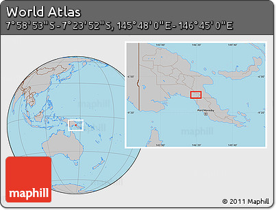 Gray Location Map of the Area around 7° 41' 23" S, 146° 16' 30" E