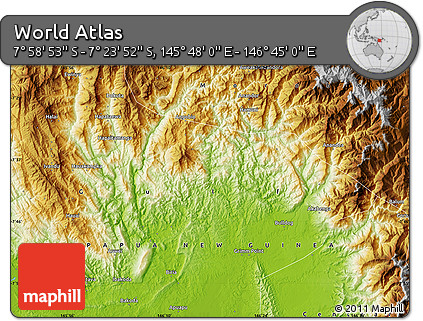 Physical Map of the Area around 7° 41' 23" S, 146° 16' 30" E
