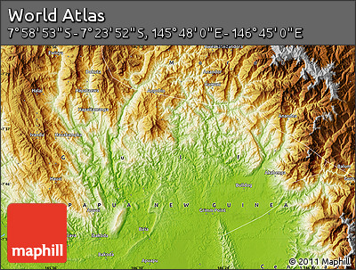Physical Map of the Area around 7° 41' 23" S, 146° 16' 30" E